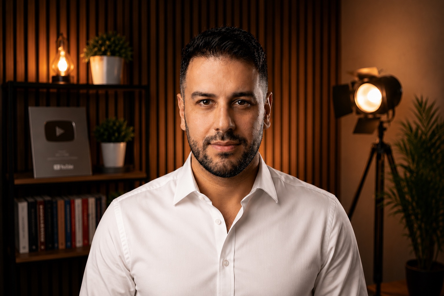 Portrait of DJ Darman in a white shirt, looking into the camera in warm light